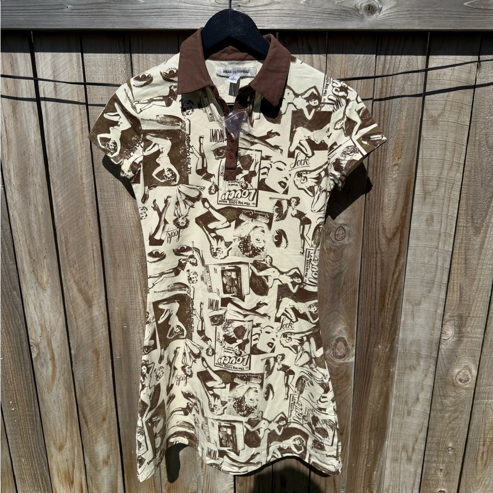 Urban Outfitters Hazel Printed Polo Mini Dress in Cream & Brown